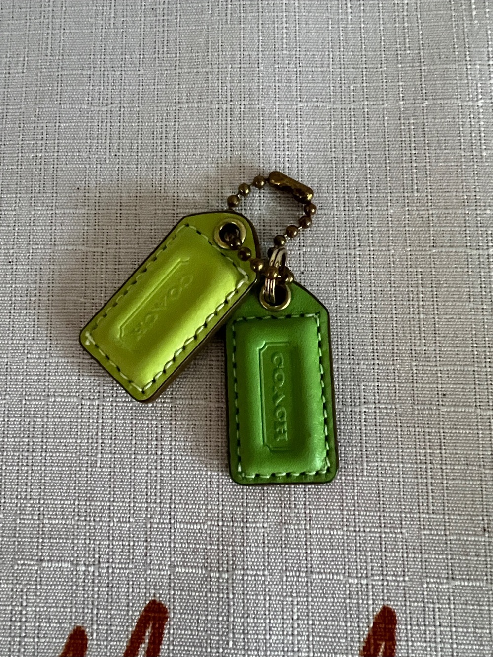 Coach Two Green Leather Double Tag Keychain Hang Tag with Gold Ball Chain